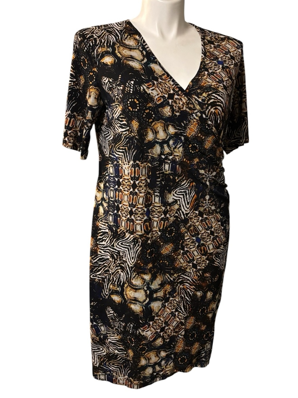 Cato 16 Dress Short Sleeve V-Neck side zip Midi Rouch Black Tan Print - Picture 3 of 9